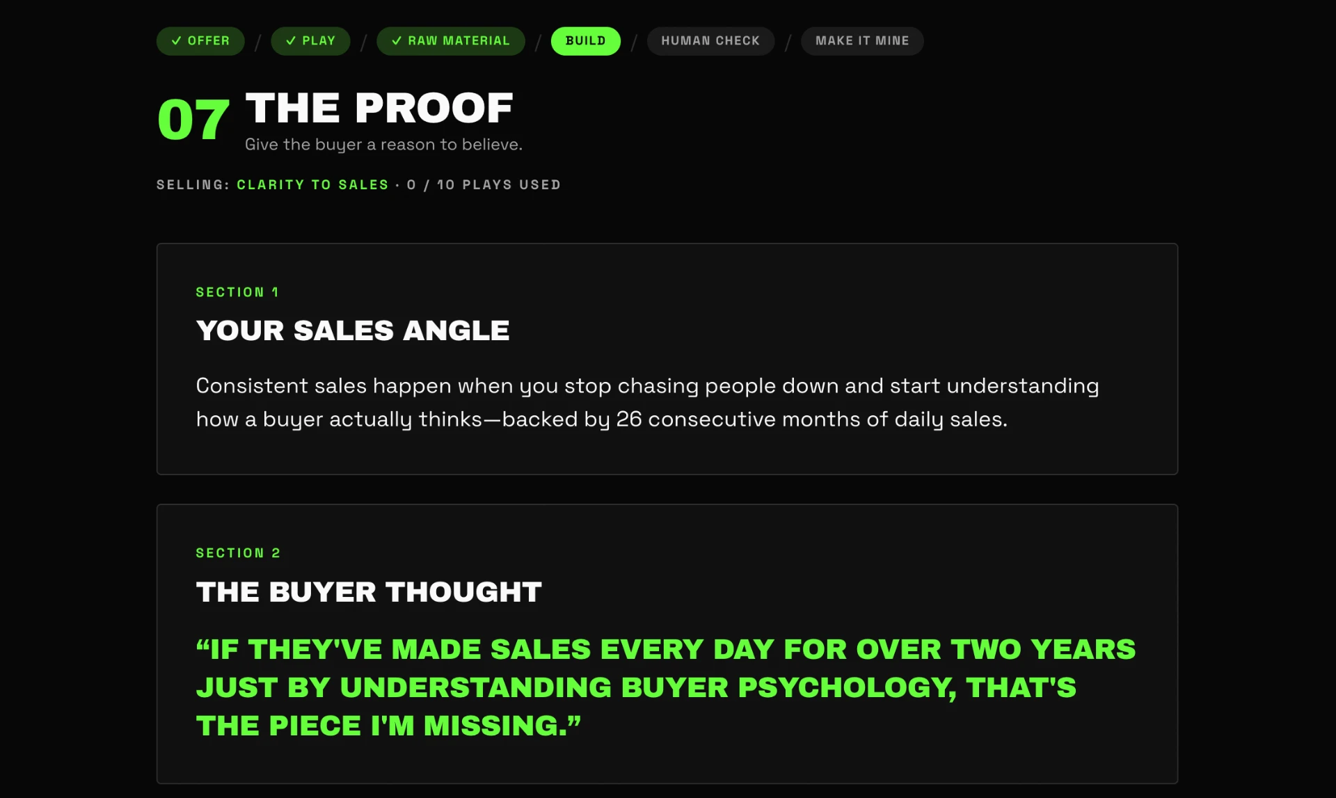 Screenshot of the Sales Playbook tool showing a sales angle built for The Proof play